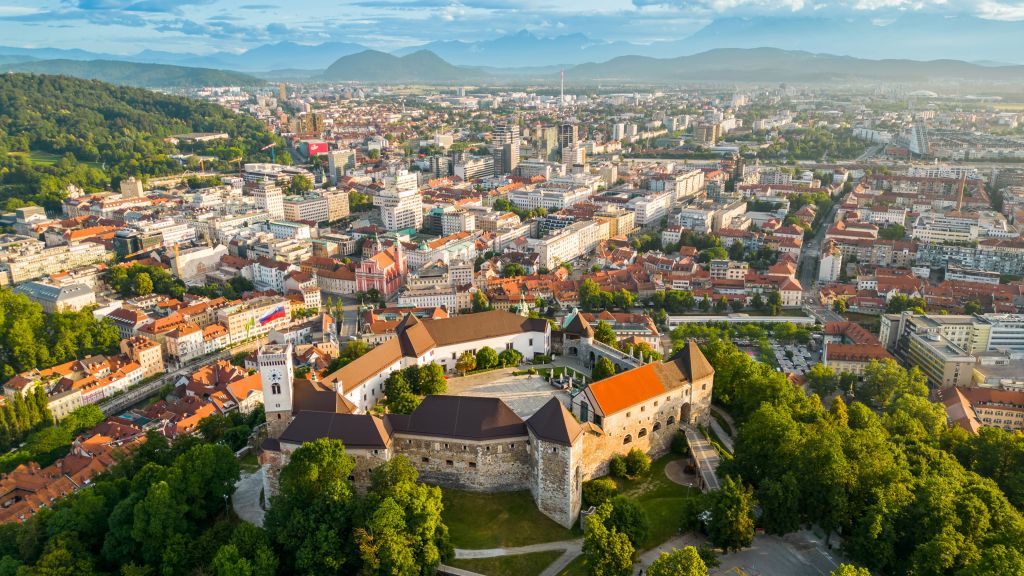 Aerial drone view of Ljubljana, Slovenia