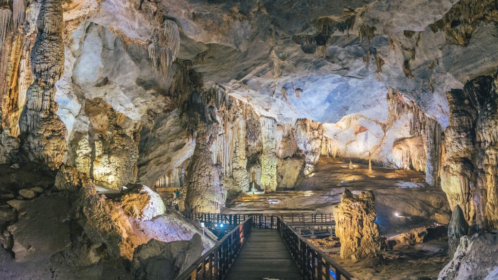A boardwalk system inside the beautiful Paradise cave in Vietnam