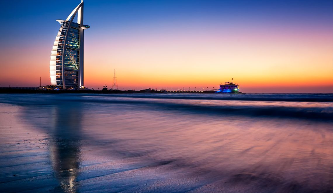 Famous Jumeirah beach view with 7 star hotel Burj Al Arab, Dubai, United Arab Emirates